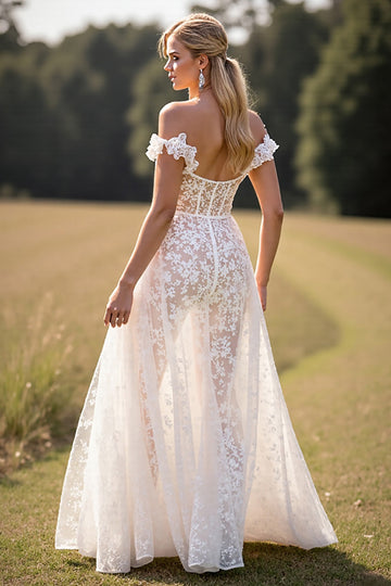 White A Line Lace Western Wedding Dress with Slit